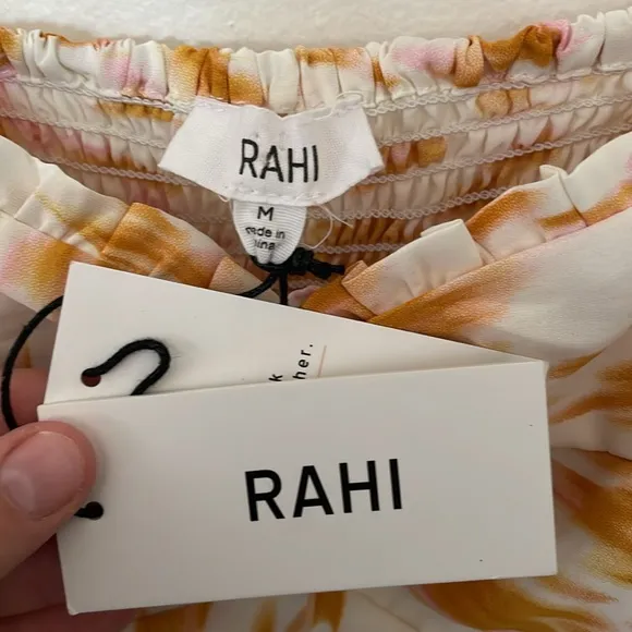 Rahi NWT Smocked Bustier Milkmaid Ruffle Balloon Sleeve Square Neck Mini Medium