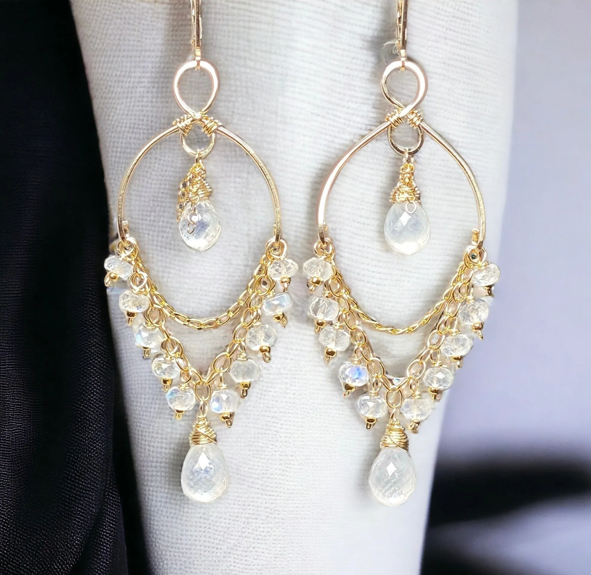 Rainbow Moonstone Gemstone Dangle Chandelier Earrings 14 kt Gold Fill