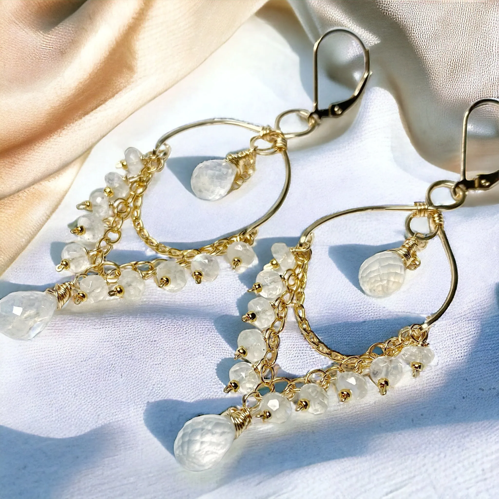 Rainbow Moonstone Gemstone Dangle Chandelier Earrings 14 kt Gold Fill