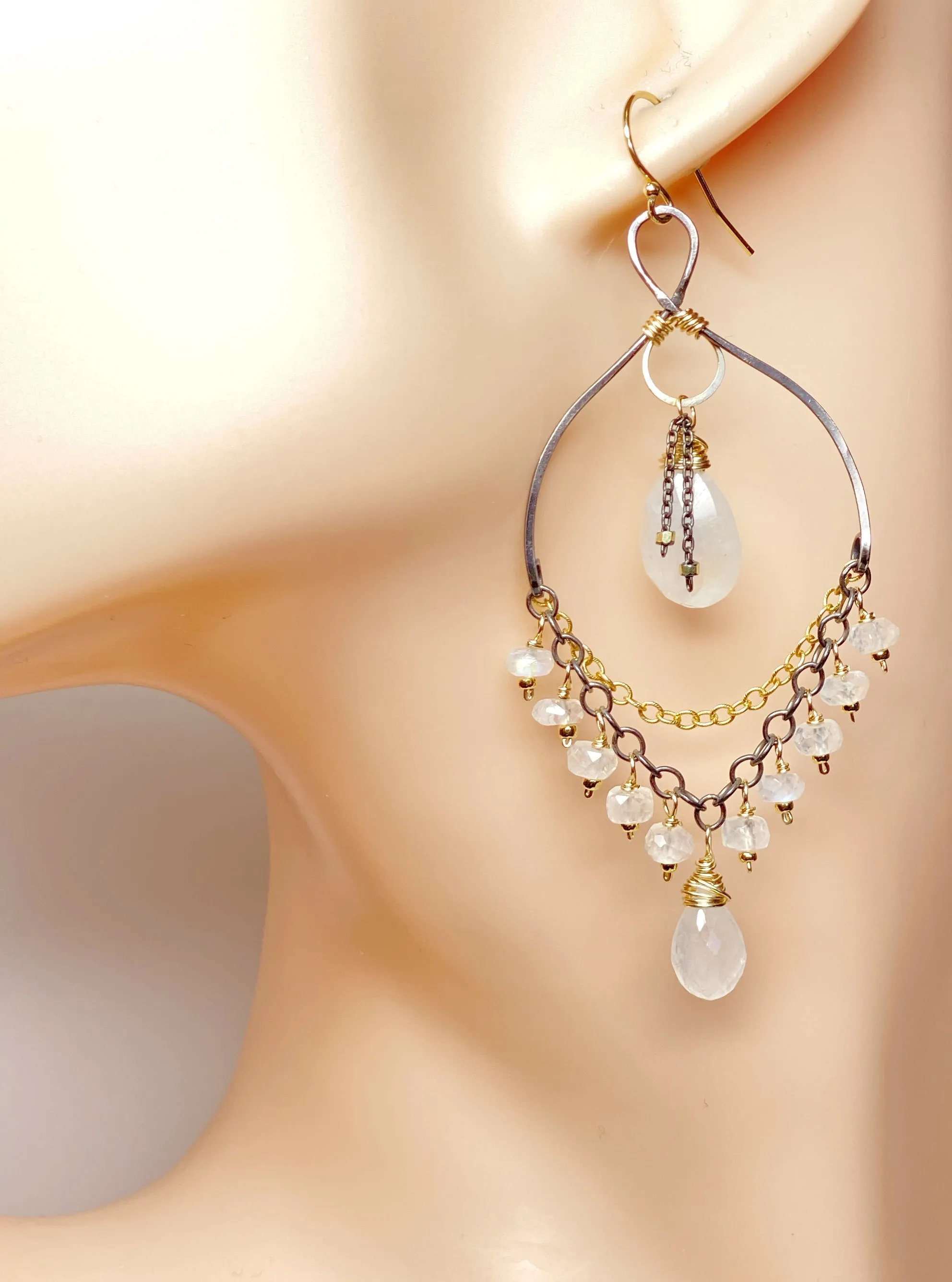 Rainbow Moonstone Mixed Metal Chandelier Earrings Beaded Statement Earrings