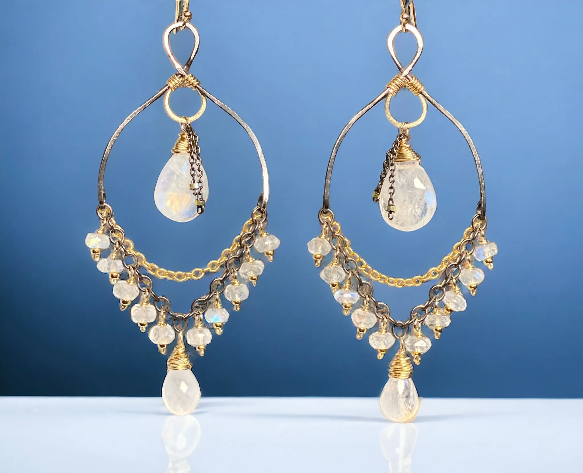 Rainbow Moonstone Mixed Metal Chandelier Earrings Beaded Statement Earrings