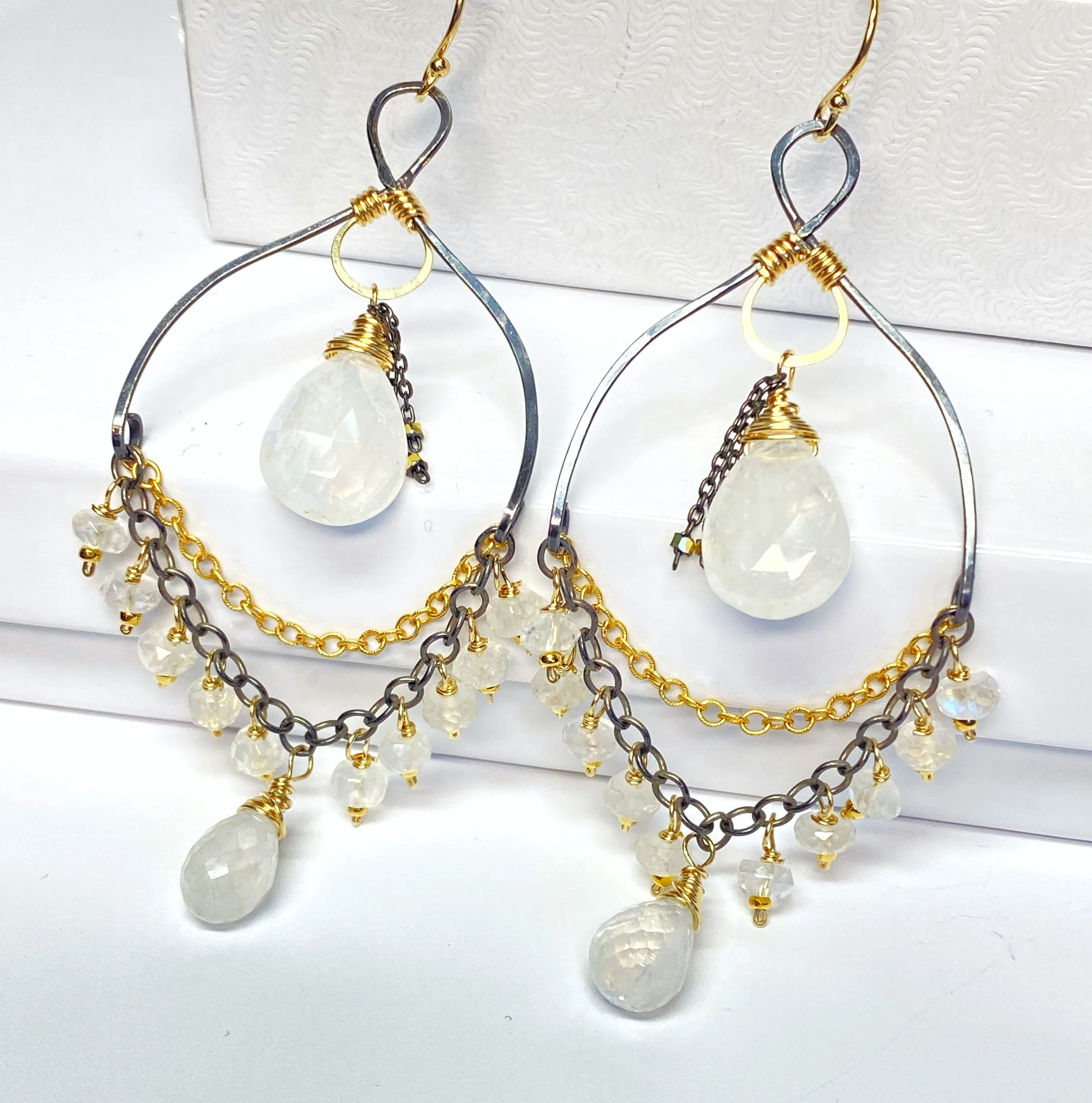 Rainbow Moonstone Mixed Metal Chandelier Earrings Beaded Statement Earrings
