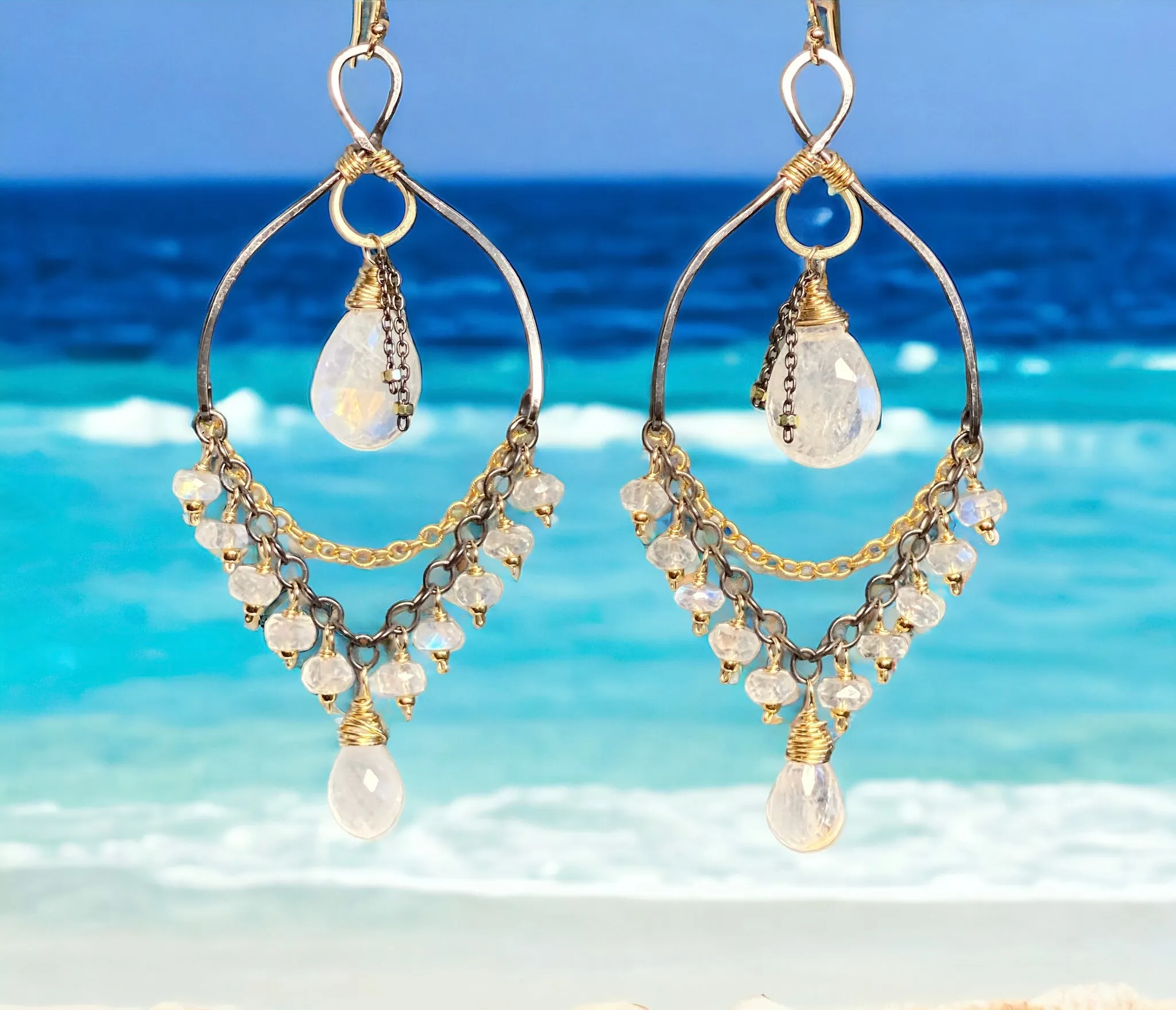Rainbow Moonstone Mixed Metal Chandelier Earrings Beaded Statement Earrings