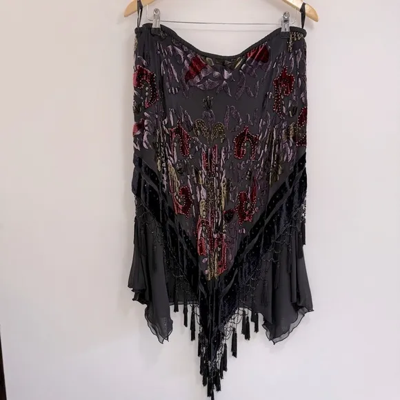R&amp;K Evenings Burnout Silk Velvet Boho Skirt with Tassels Large