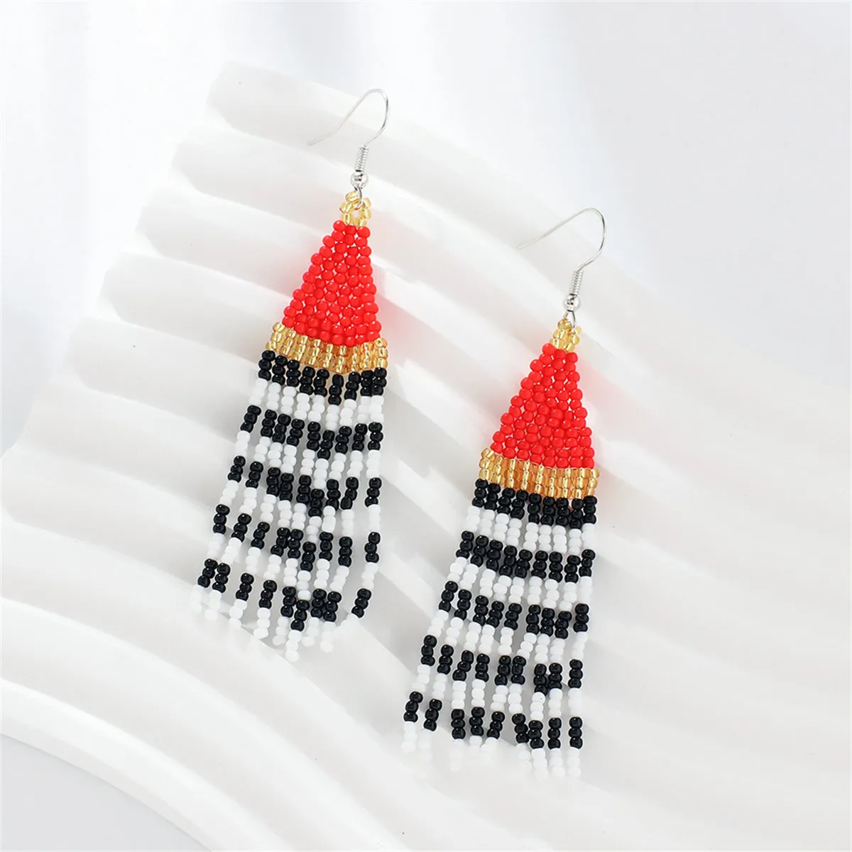 Red & Black Howlite Stripe Tassel Drop Earrings