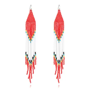 Red & White Howlite Geometric Tassel Drop Earrings