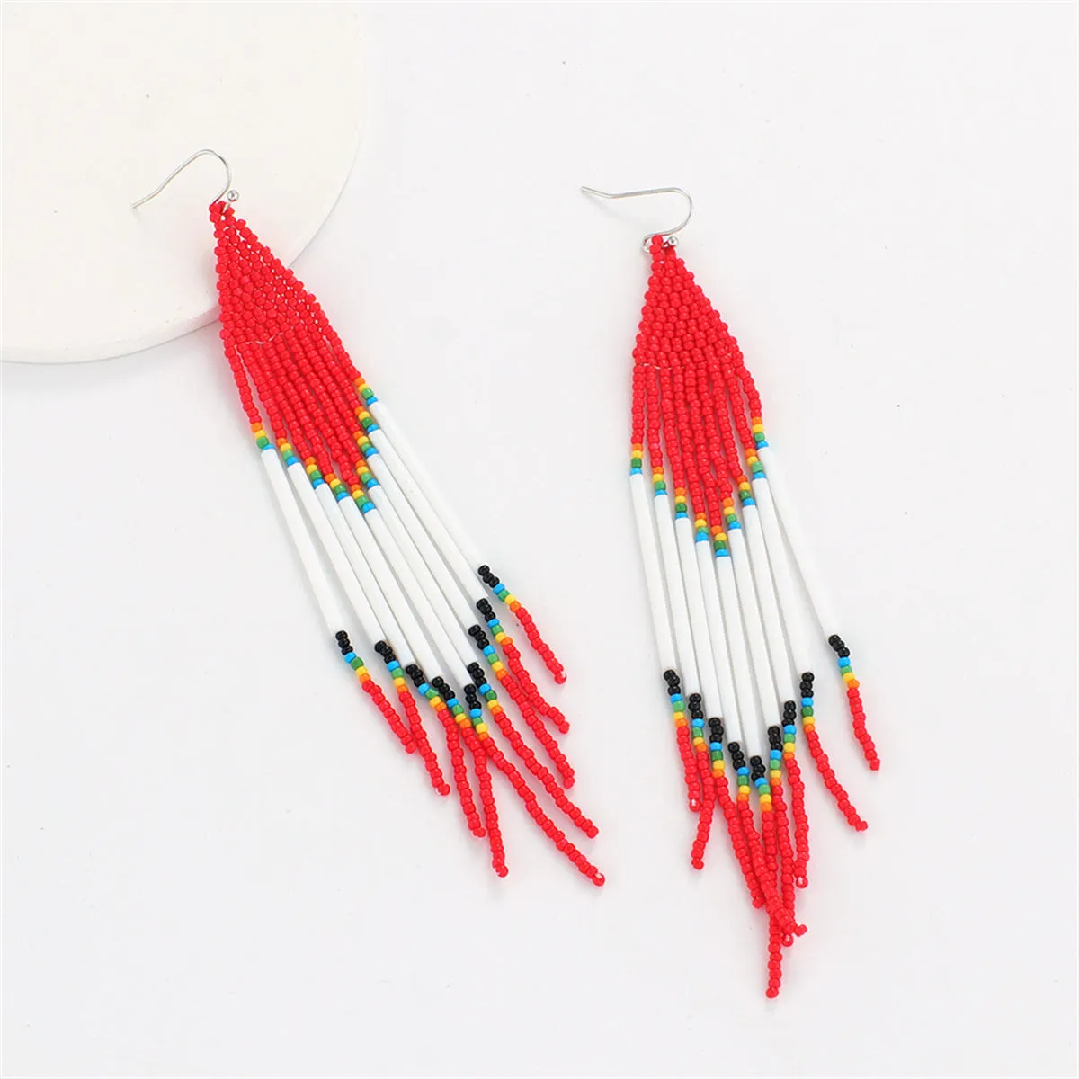 Red & White Howlite Geometric Tassel Drop Earrings
