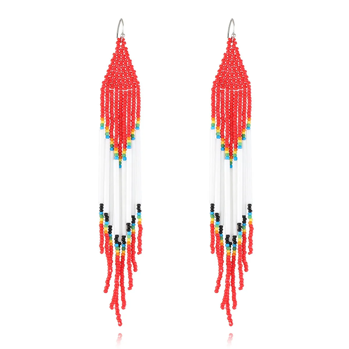 Red & White Howlite Geometric Tassel Drop Earrings