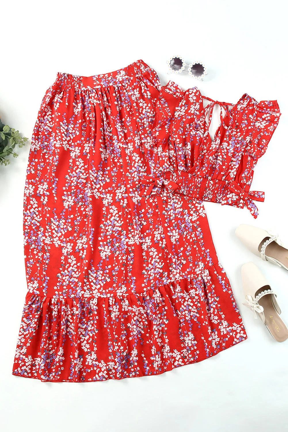 Red Floral Top and Maxi Skirt Set