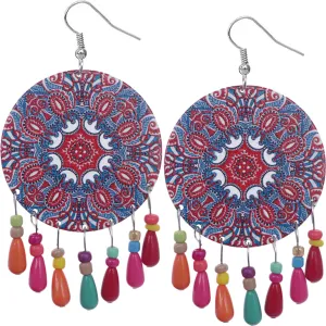 Red Multicolor Wooden Bead Kaleidoscope Pattern Earrings