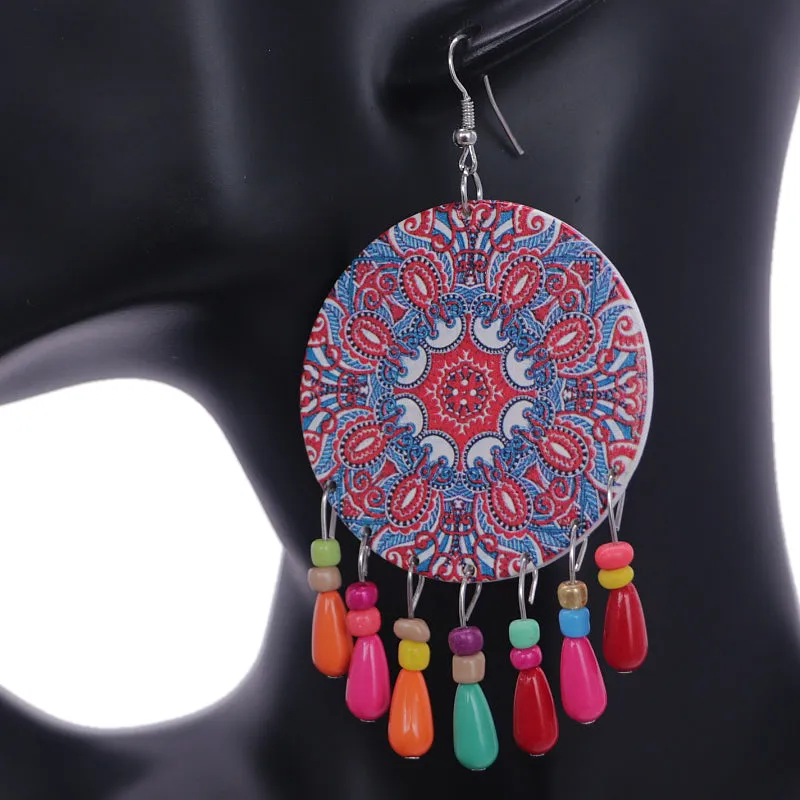 Red Multicolor Wooden Bead Kaleidoscope Pattern Earrings