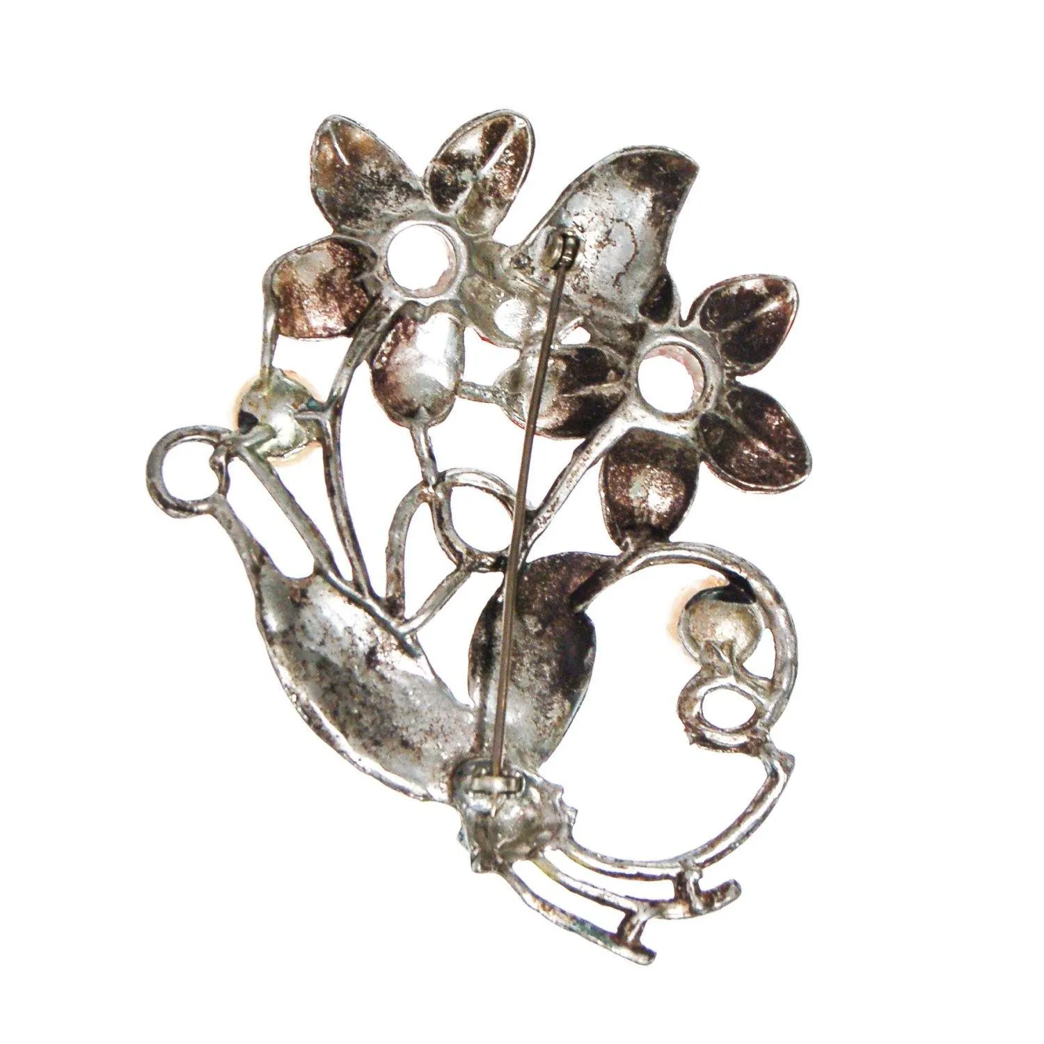 Red Purple, Flower Brooch, Pot Metal, Rhinestones, Painted Enamel, Large Size
