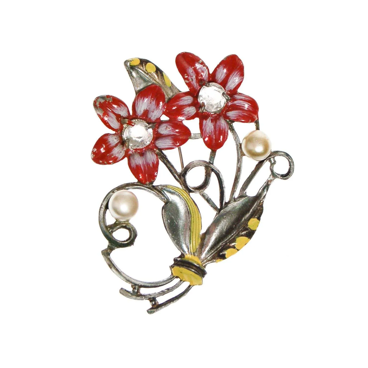 Red Purple, Flower Brooch, Pot Metal, Rhinestones, Painted Enamel, Large Size