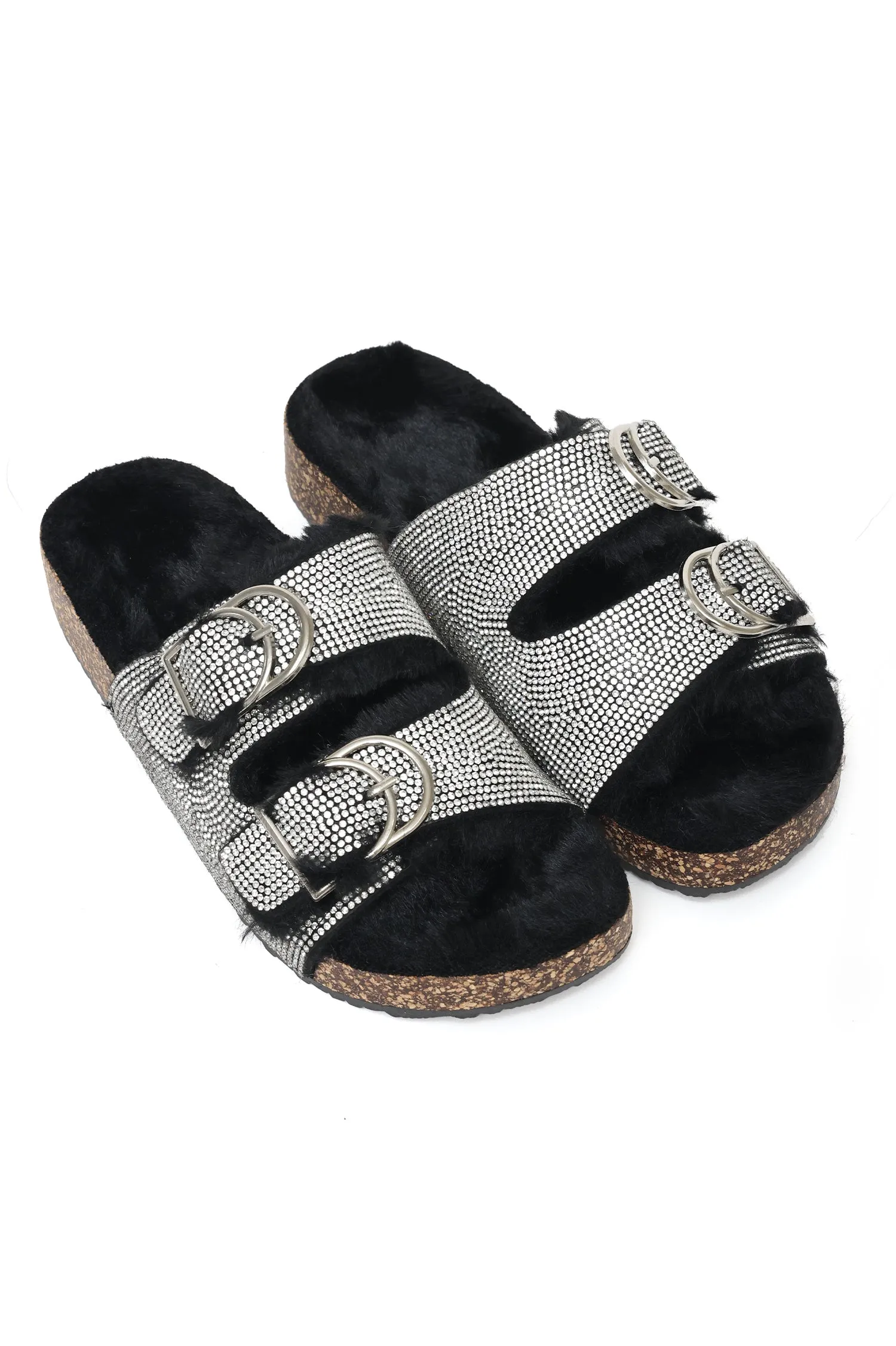 RHINESTONE DOUBLE-BUCKLE FUR SLIDES-BLACK