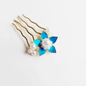 Royal Blue Enamel Flower and Pearl Hair Comb