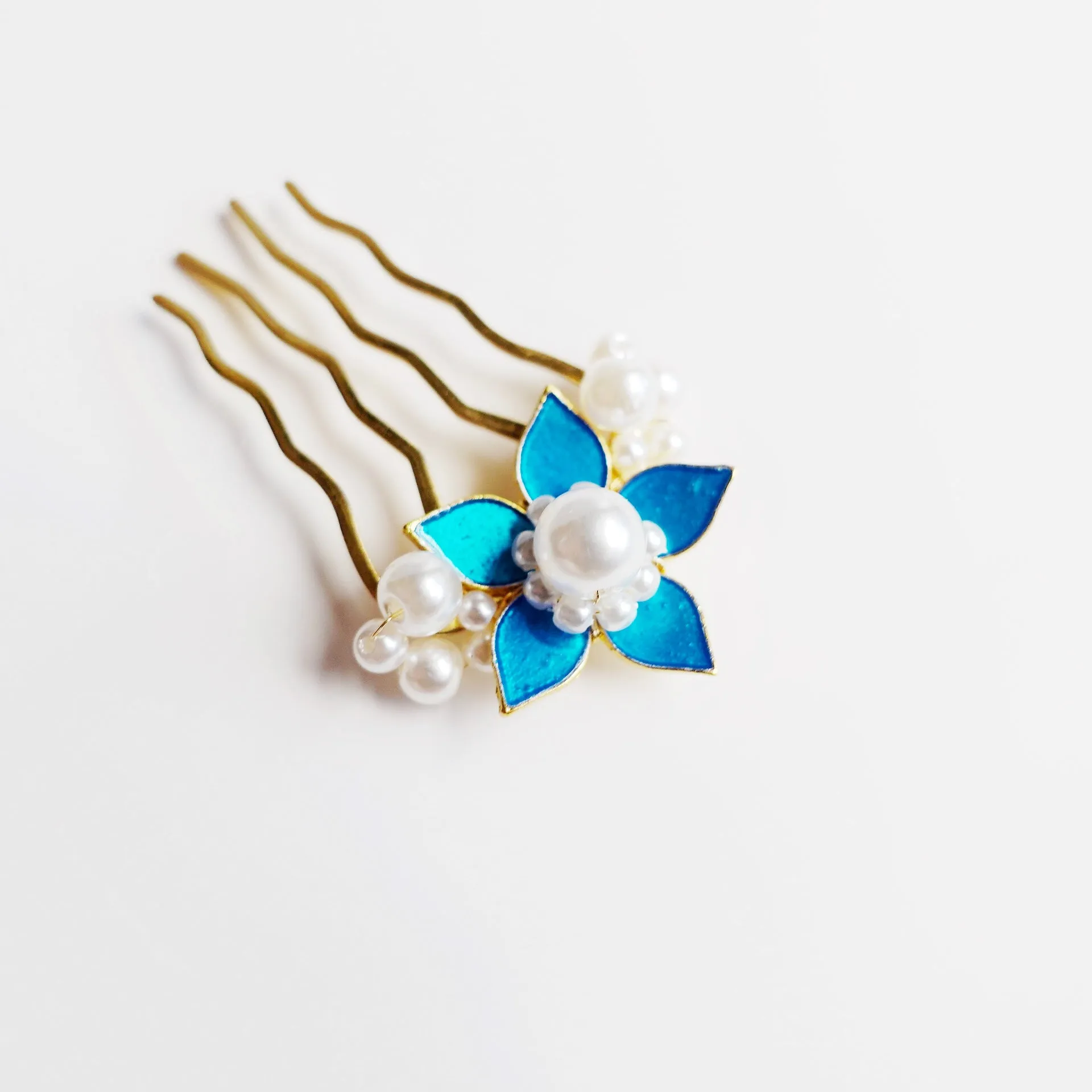 Royal Blue Enamel Flower and Pearl Hair Comb
