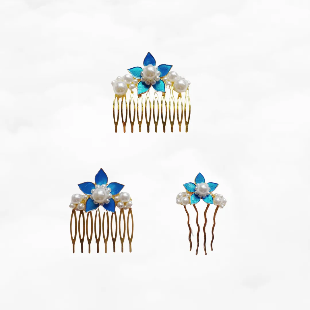 Royal Blue Enamel Flower and Pearl Hair Comb