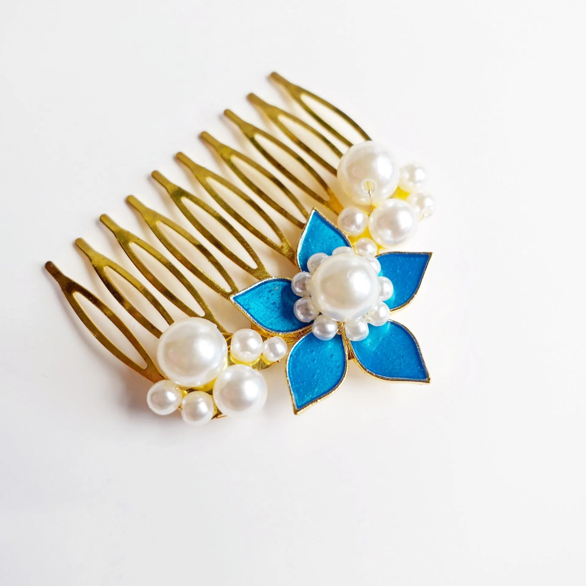 Royal Blue Enamel Flower and Pearl Hair Comb