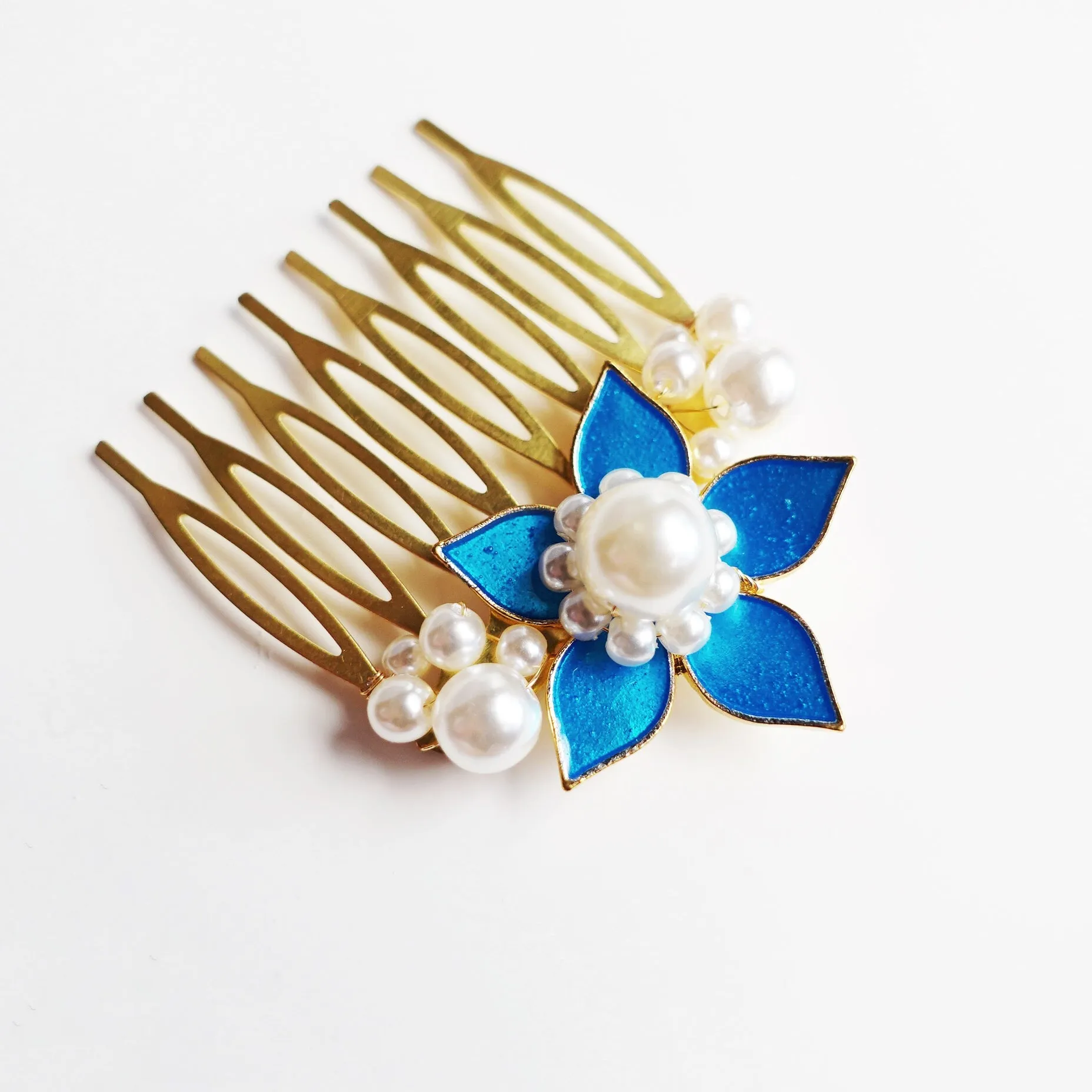 Royal Blue Enamel Flower and Pearl Hair Comb