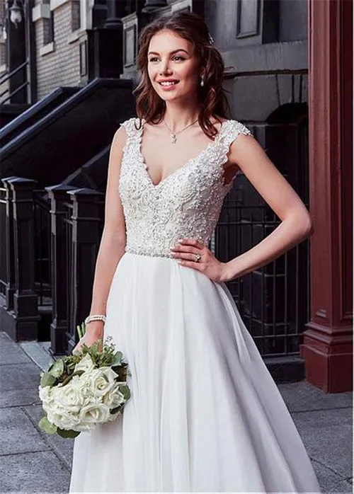Roycebridal Charming Tulle V-neck A-line Wedding Dress With Beaded Lace Appliquess,MW318
