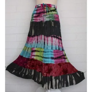 Sacred Threads L XL Colorful 6 Tier Tie-Dye Elastic Waist Cotton Gypsy Skirt