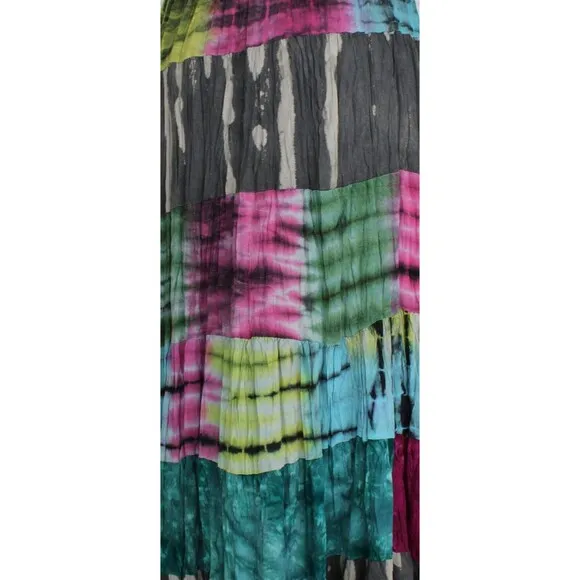 Sacred Threads L XL Colorful 6 Tier Tie-Dye Elastic Waist Cotton Gypsy Skirt