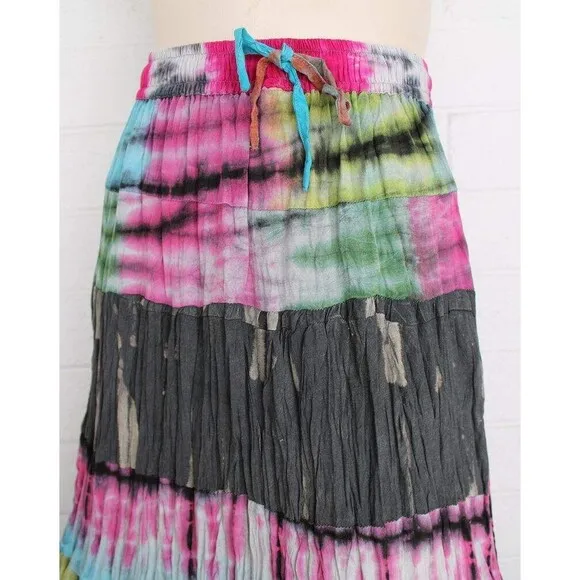 Sacred Threads L XL Colorful 6 Tier Tie-Dye Elastic Waist Cotton Gypsy Skirt