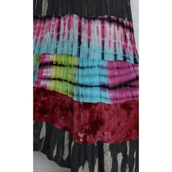 Sacred Threads L XL Colorful 6 Tier Tie-Dye Elastic Waist Cotton Gypsy Skirt