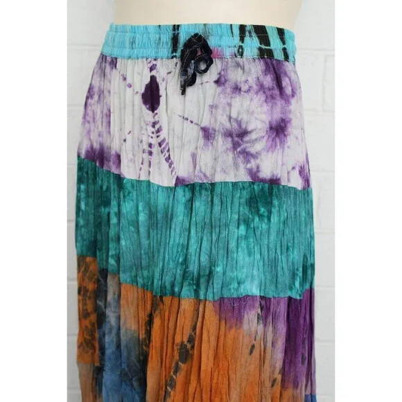 Sacred Threads S M Colorful 6 Tier Tie-Dye Elastic Waist Rayon Gypsy Skirt