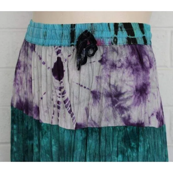Sacred Threads S M Colorful 6 Tier Tie-Dye Elastic Waist Rayon Gypsy Skirt