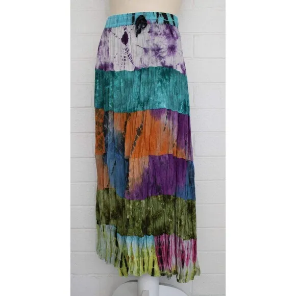 Sacred Threads S M Colorful 6 Tier Tie-Dye Elastic Waist Rayon Gypsy Skirt