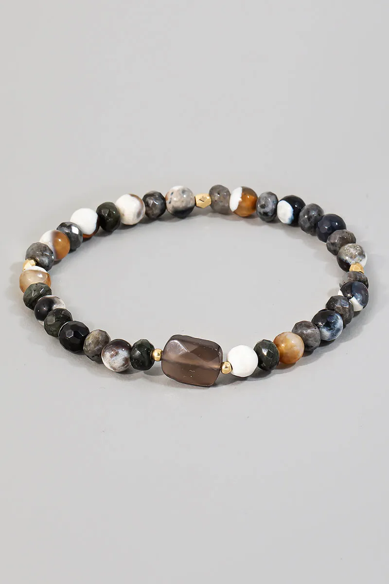 Semi Precious Black Stone Stretched Bead Bracelet in Gold