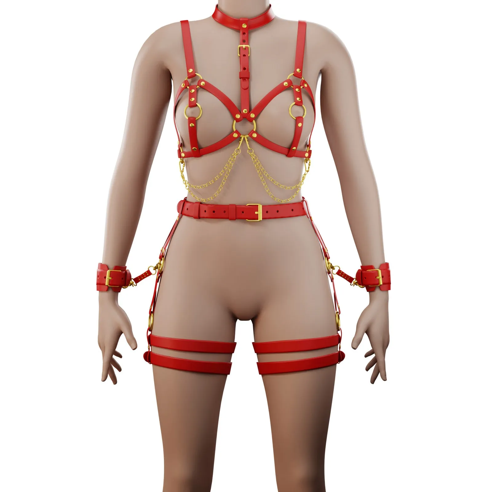 Set Harness "Lilium" & Garters "Gaura" Red & Handcuffs