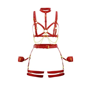 Set Harness "Lilium" & Garters "Gaura" Red & Handcuffs