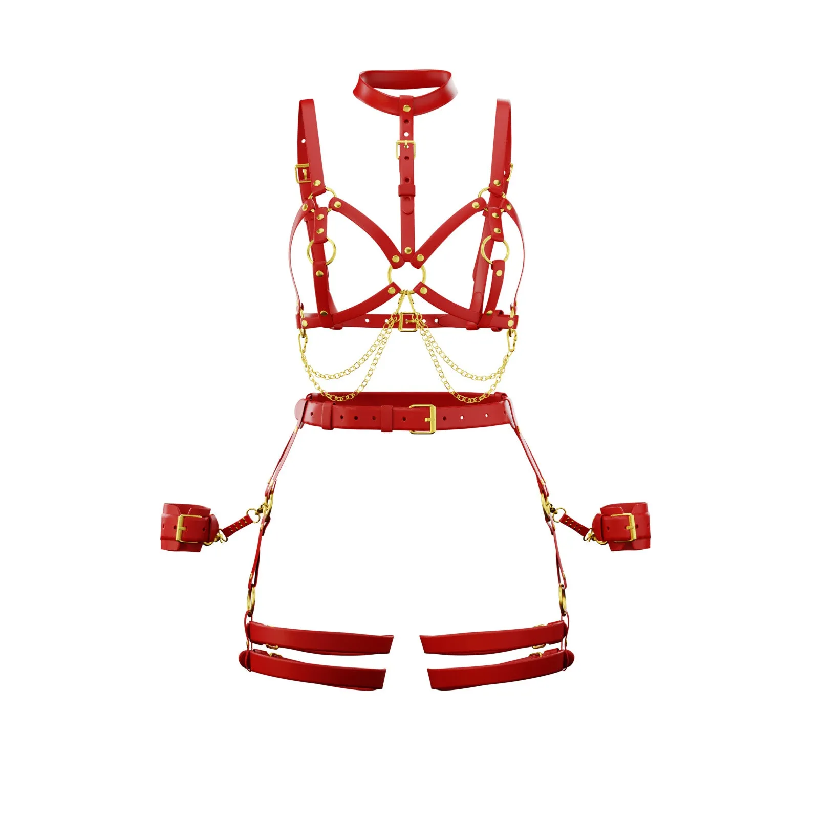 Set Harness "Lilium" & Garters "Gaura" Red & Handcuffs