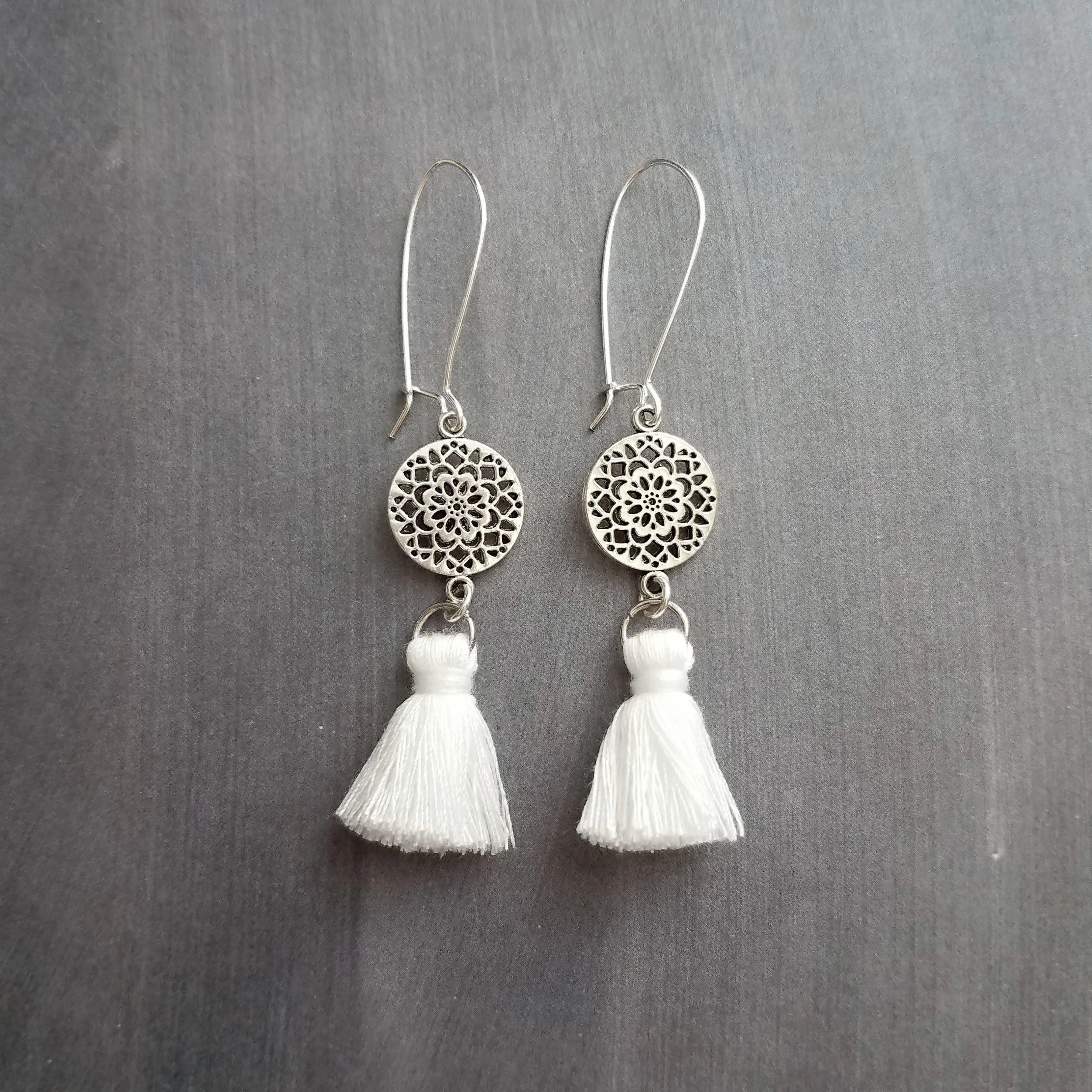Silver Boho Earrings, tassel earrings, silver medallion earrings, floral mandala earrings, long silver dangle, kidney hook, filigree earring