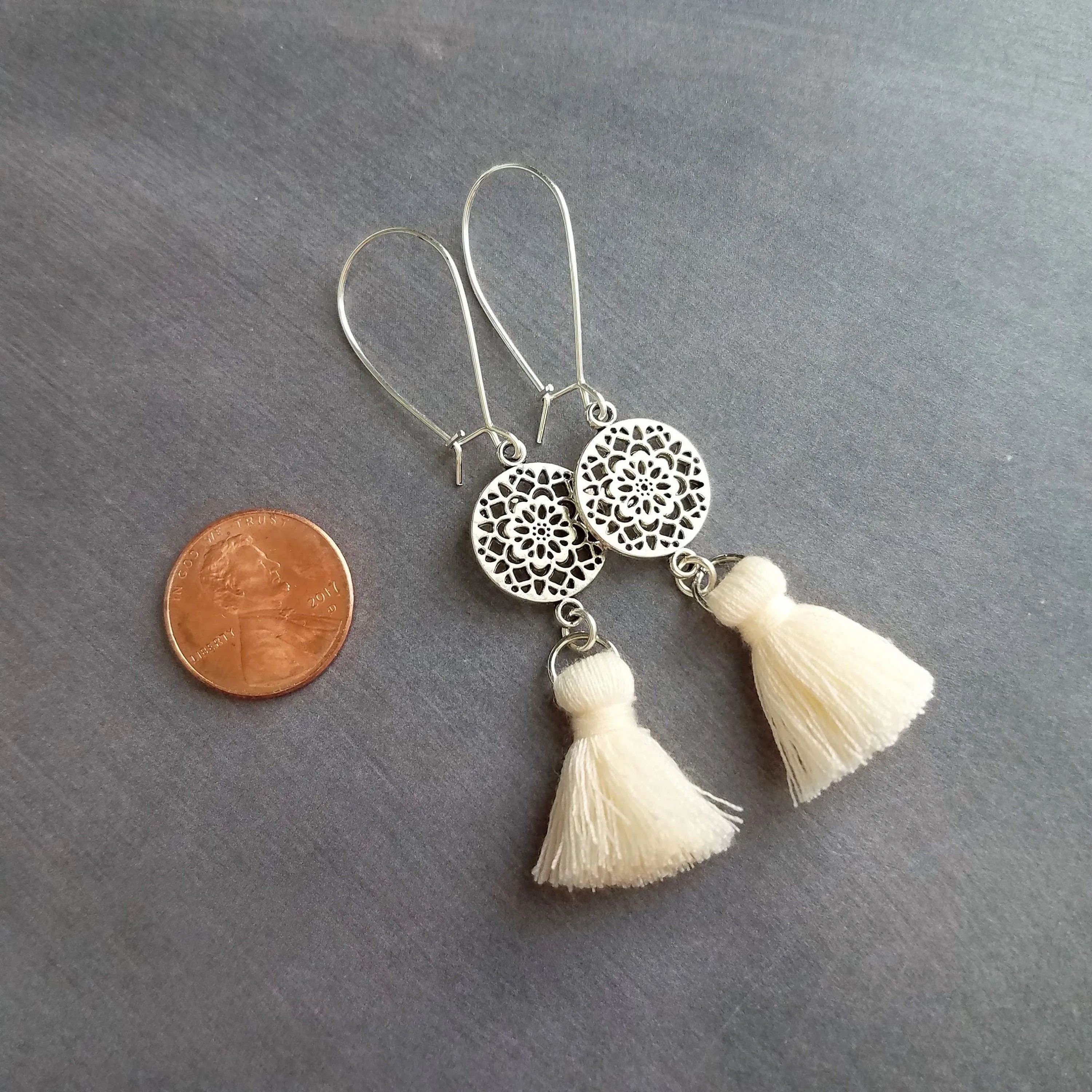 Silver Boho Earrings, tassel earrings, silver medallion earrings, floral mandala earrings, long silver dangle, kidney hook, filigree earring
