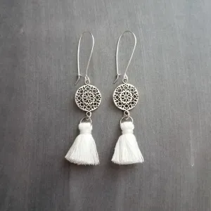Silver Boho Earrings, tassel earrings, silver medallion earrings, floral mandala earrings, long silver dangle, kidney hook, filigree earring