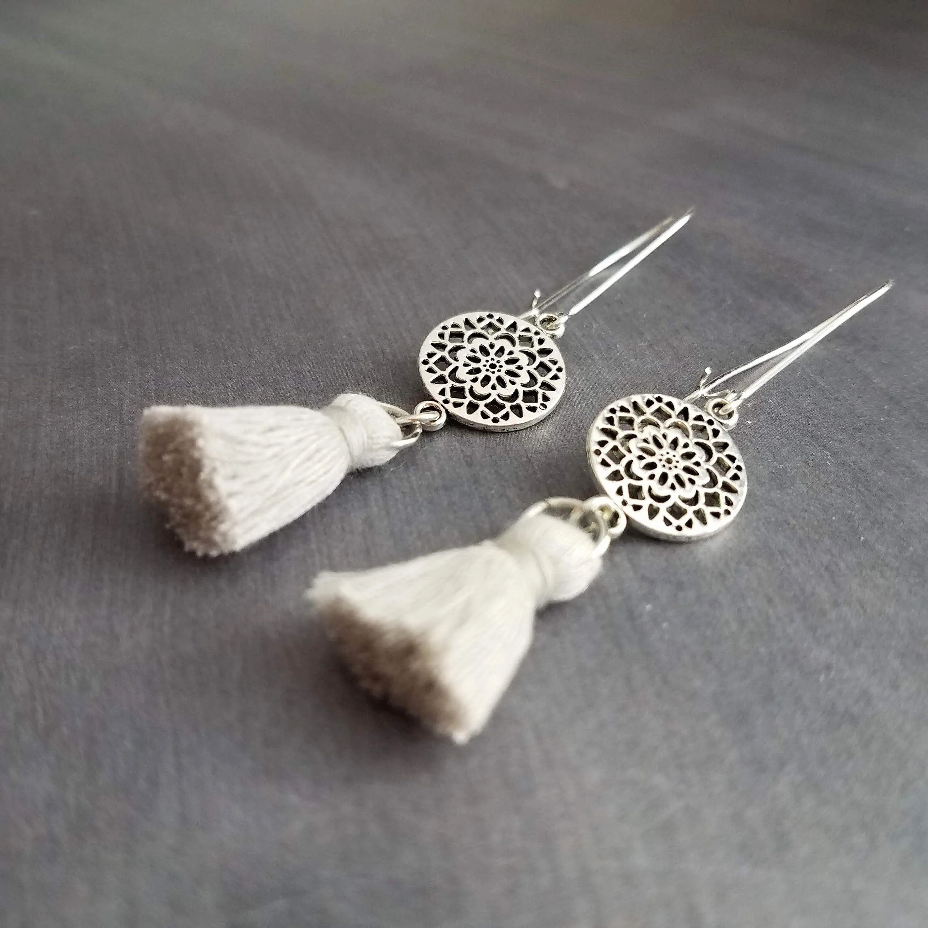 Silver Boho Earrings, tassel earrings, silver medallion earrings, floral mandala earrings, long silver dangle, kidney hook, filigree earring