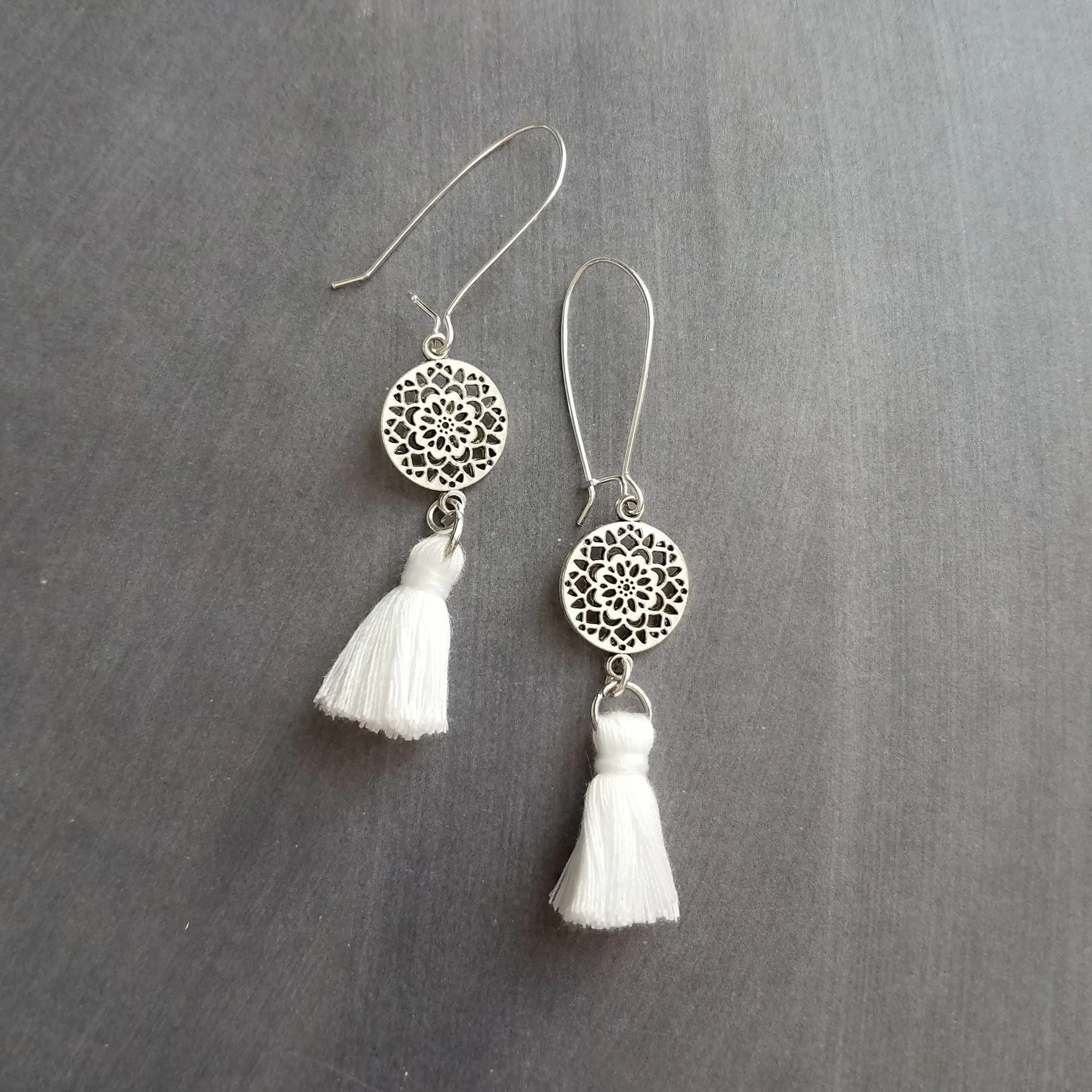 Silver Boho Earrings, tassel earrings, silver medallion earrings, floral mandala earrings, long silver dangle, kidney hook, filigree earring