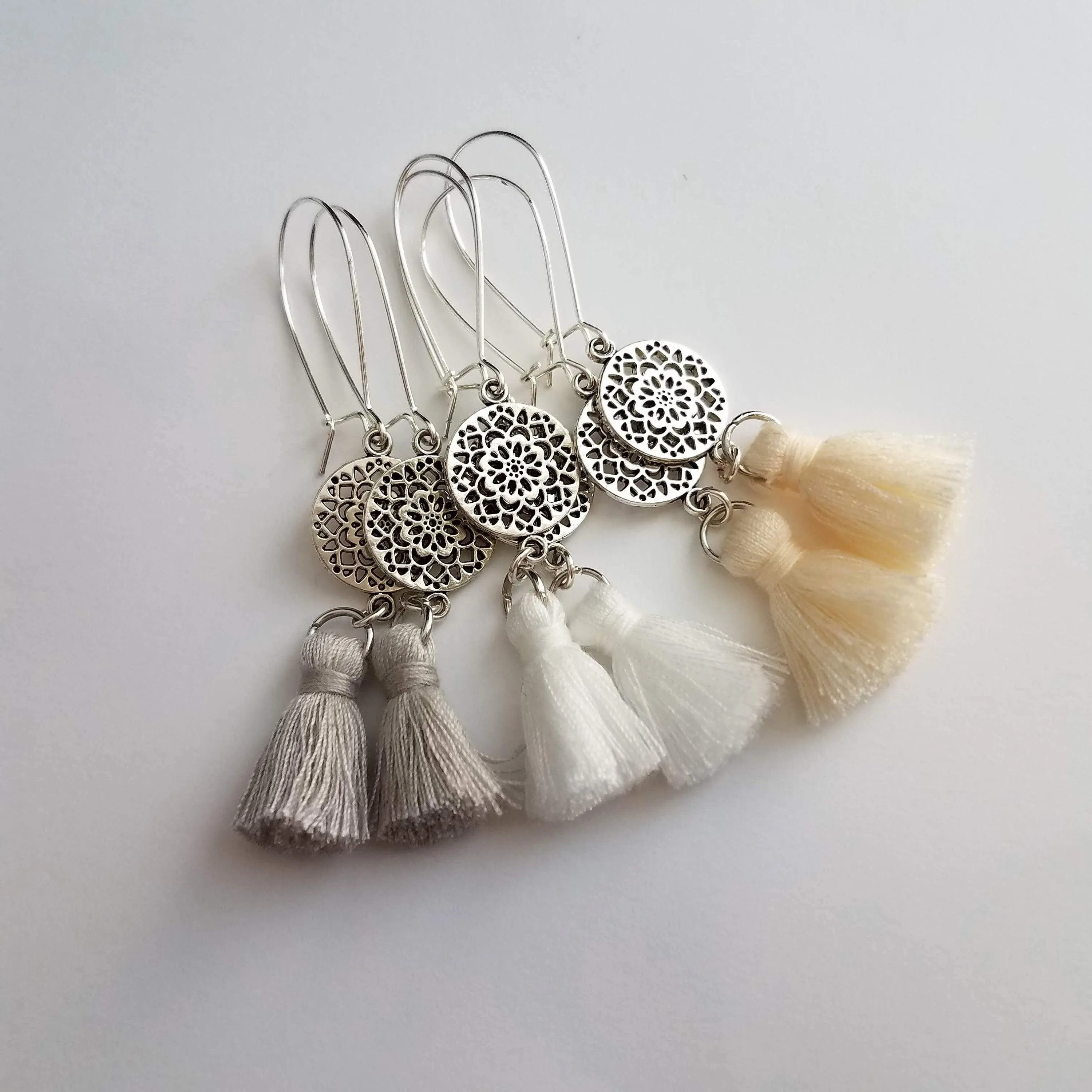 Silver Boho Earrings, tassel earrings, silver medallion earrings, floral mandala earrings, long silver dangle, kidney hook, filigree earring