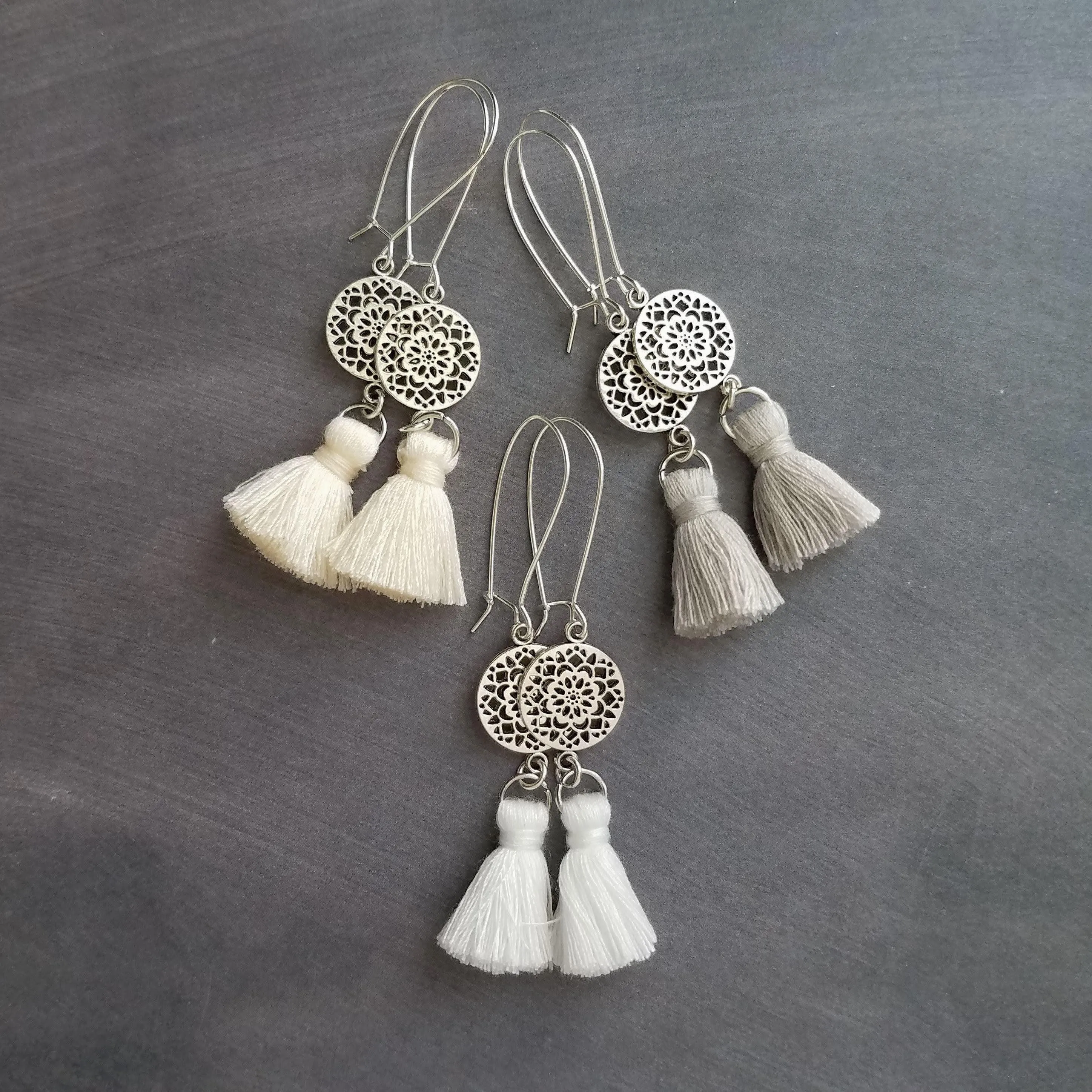 Silver Boho Earrings, tassel earrings, silver medallion earrings, floral mandala earrings, long silver dangle, kidney hook, filigree earring