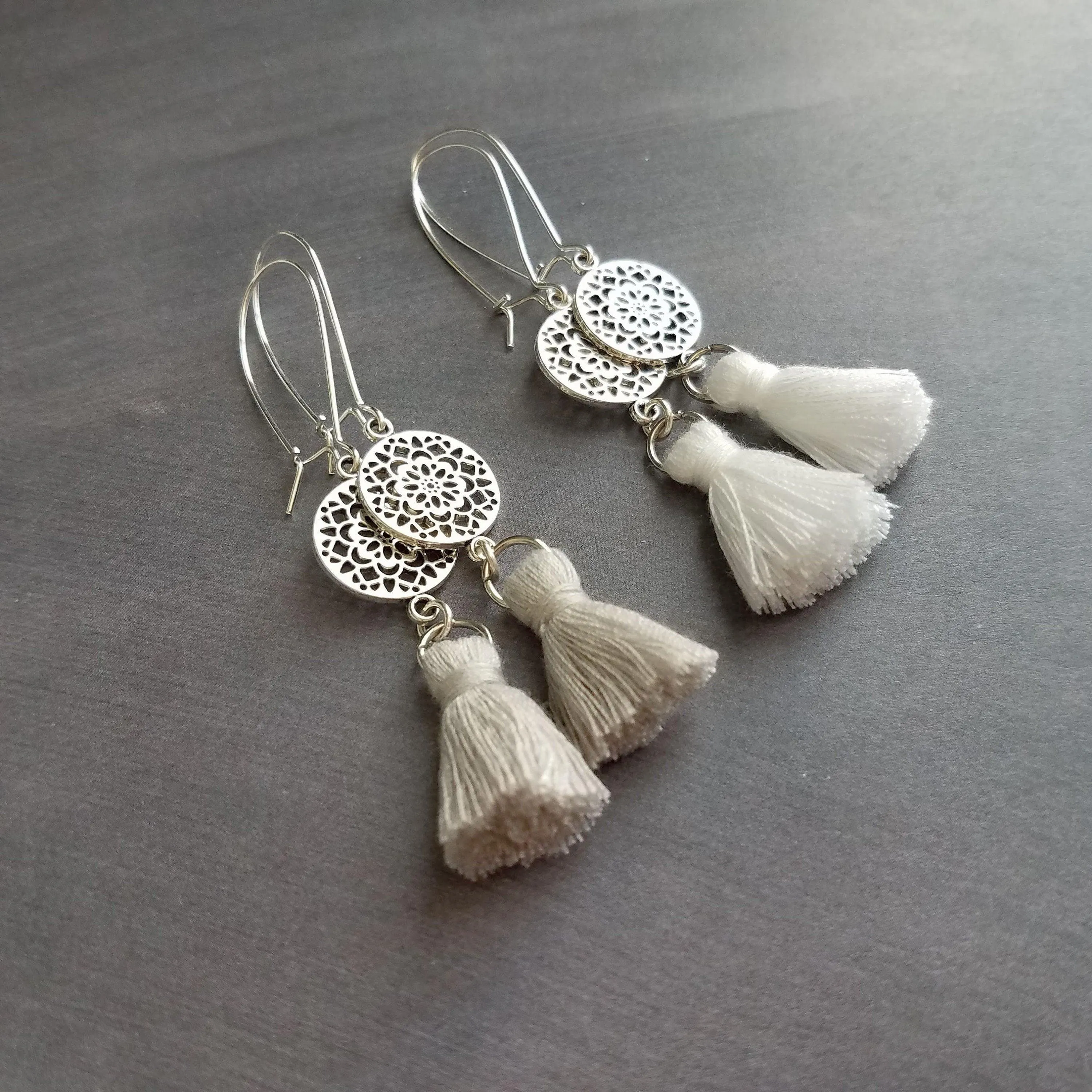 Silver Boho Earrings, tassel earrings, silver medallion earrings, floral mandala earrings, long silver dangle, kidney hook, filigree earring