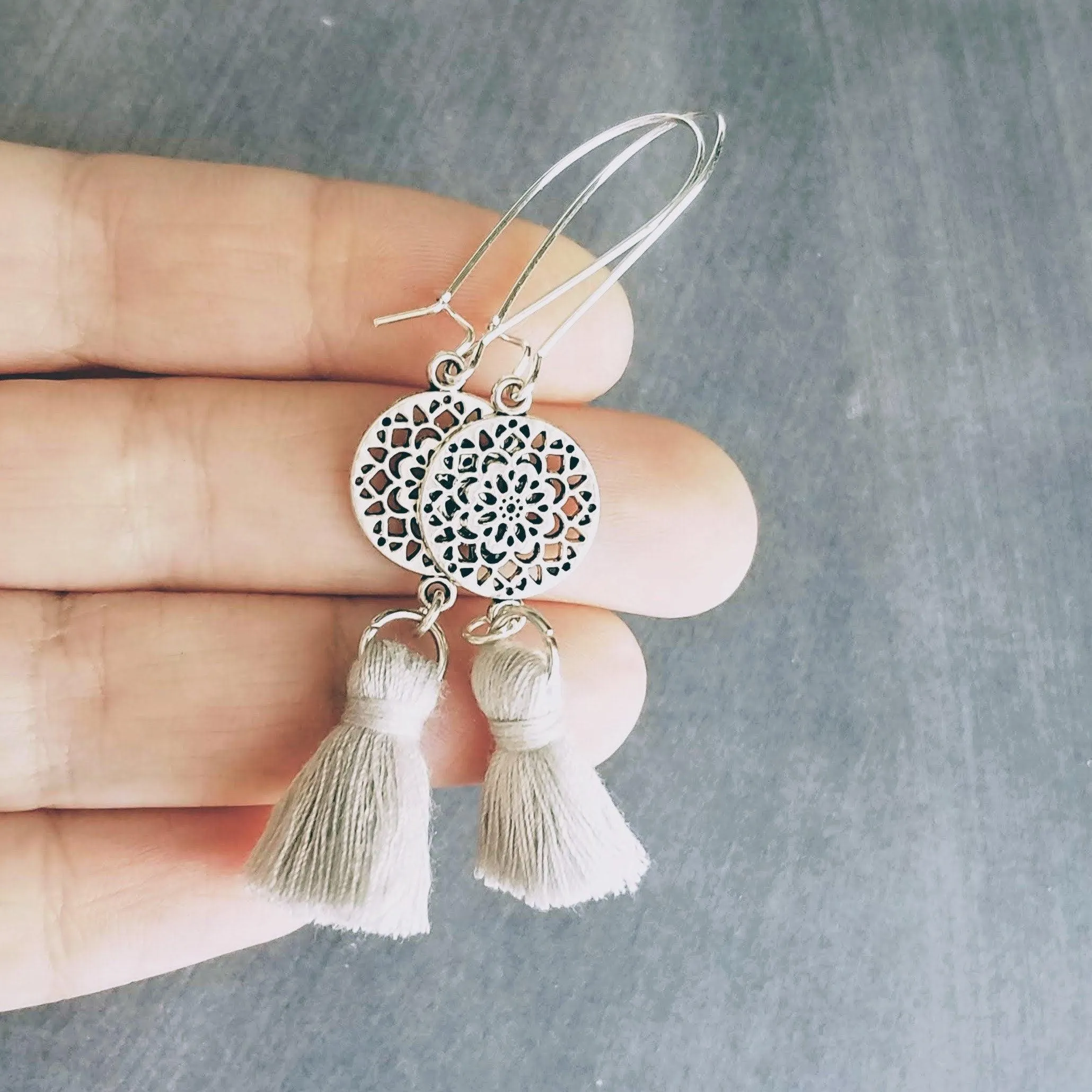 Silver Boho Earrings, tassel earrings, silver medallion earrings, floral mandala earrings, long silver dangle, kidney hook, filigree earring