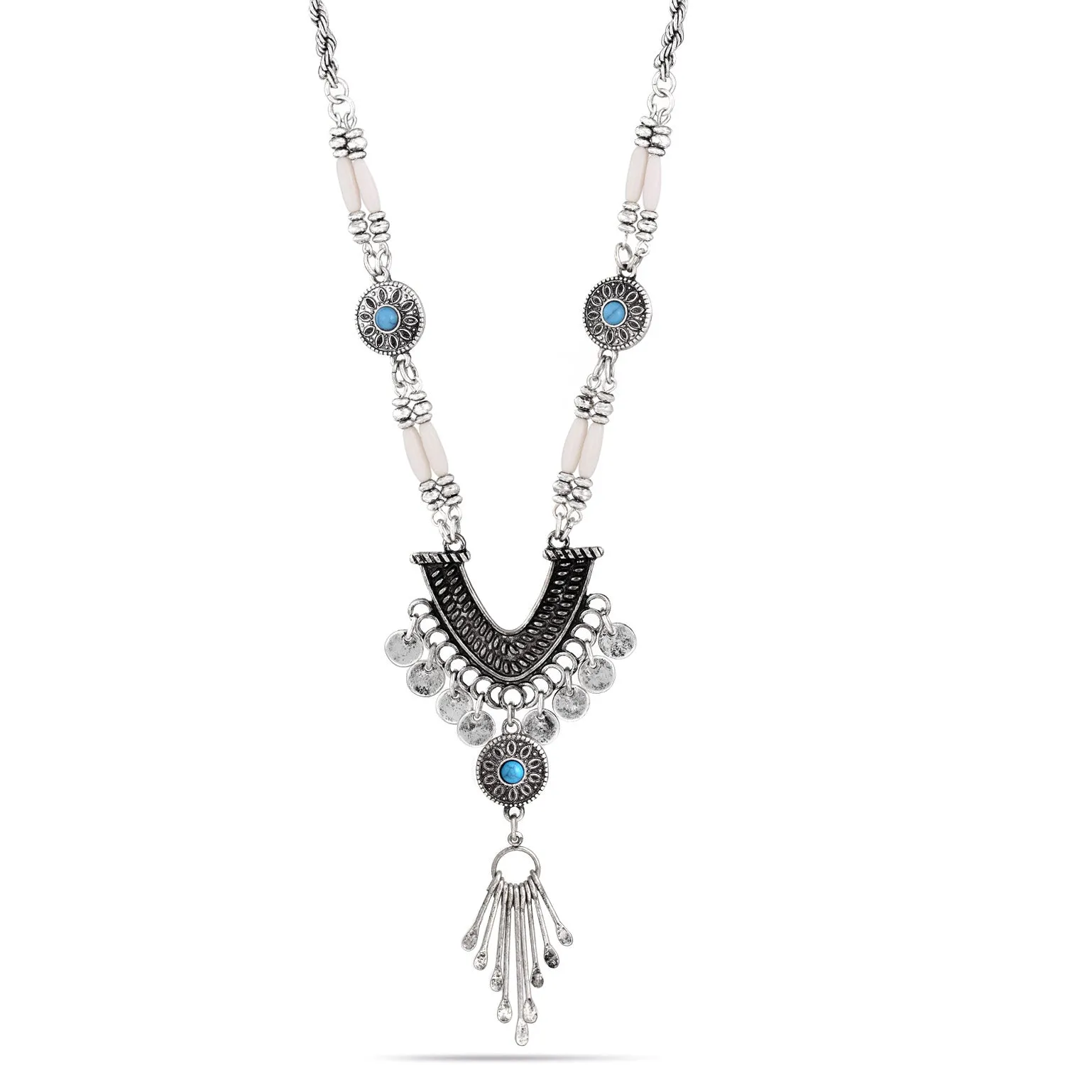 SILVER CREAM BEADS AND TURQUOISE  NECKLACES #SQ196-612274 (FE4)