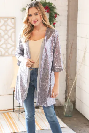 Silver Holiday Sparkle Sequin Cardigan