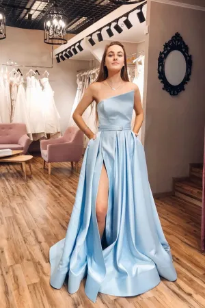 Simple blue satin long prom dress blue blue evening dress