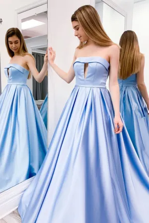 Simple blue satin long prom dress blue evening dress