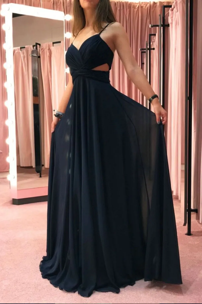 Simple dark blue chiffon long prom dress blue evening dress