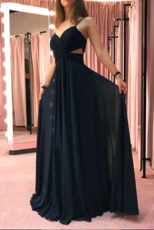 Simple dark blue chiffon long prom dress blue evening dress